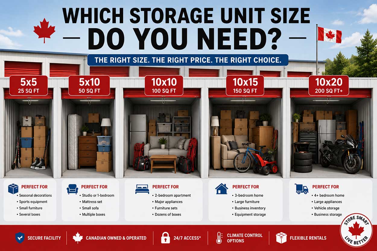 Organized self storage unit with boxes and furniture