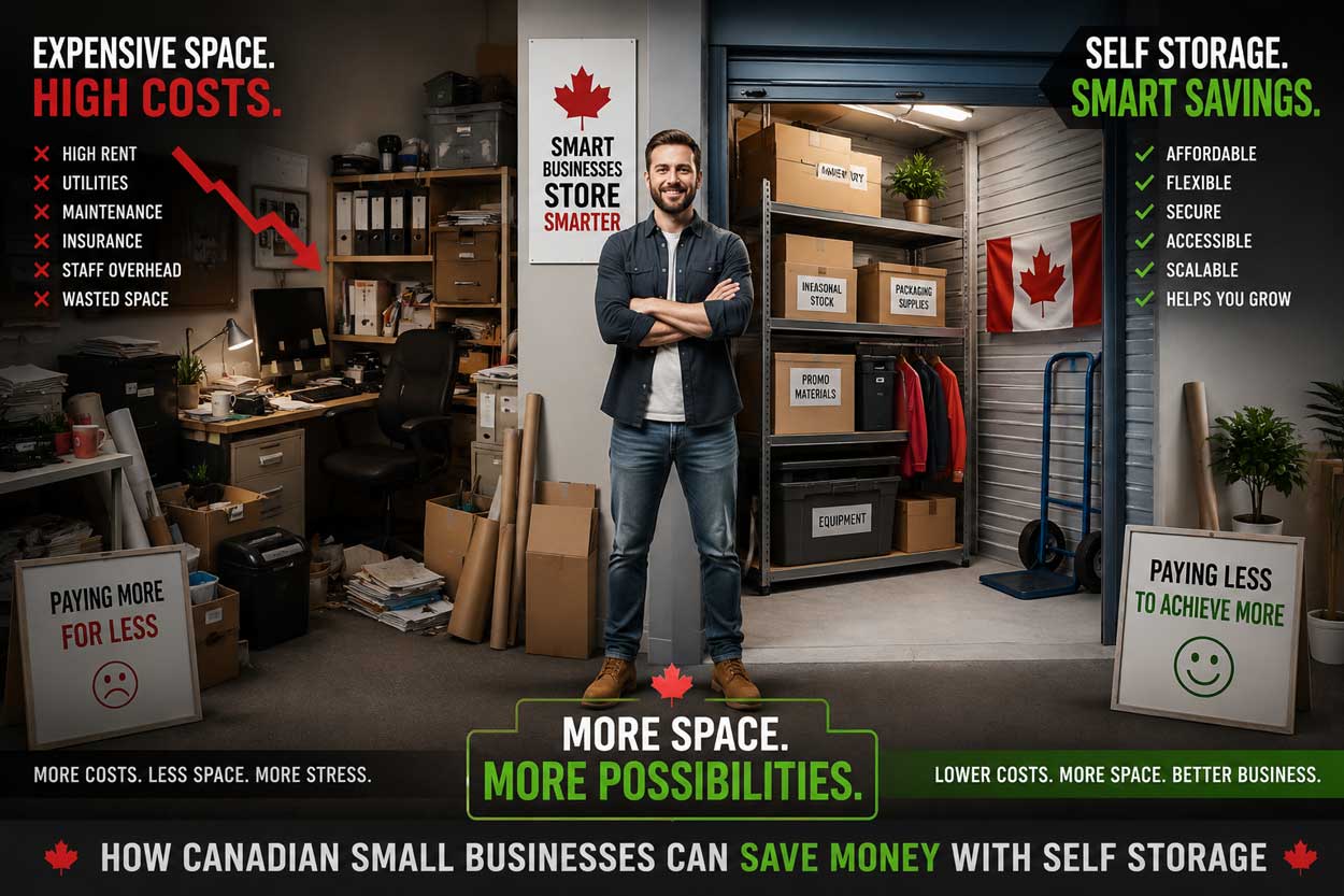 Organized self storage unit with boxes and furniture