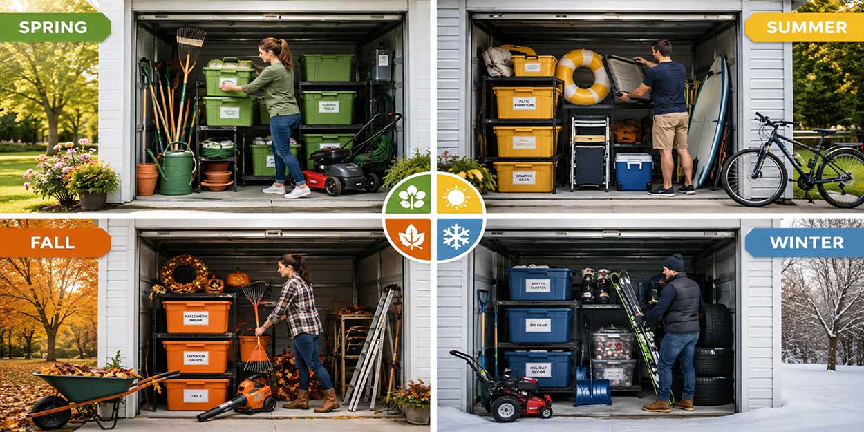 Organized self storage unit with boxes and furniture